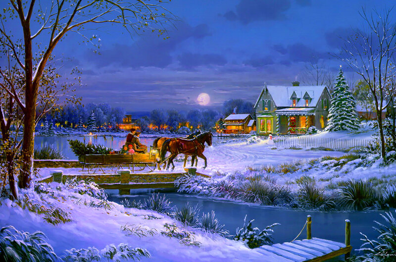 Horse-drawn Sleigh at Night — Blue, Serene, Painting, House