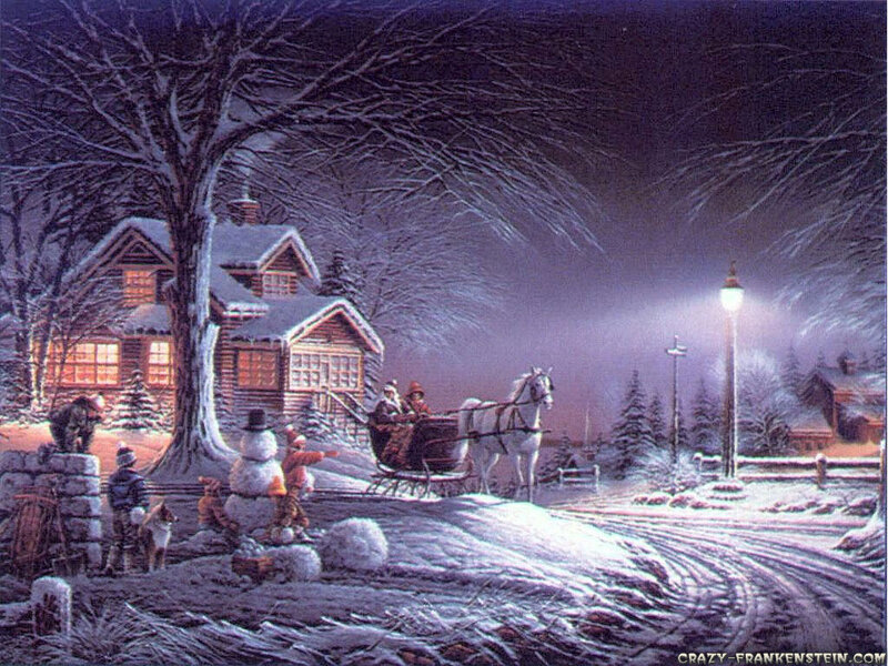 Horse-drawn Sleigh at Night — White, Peaceful, Illustration, House