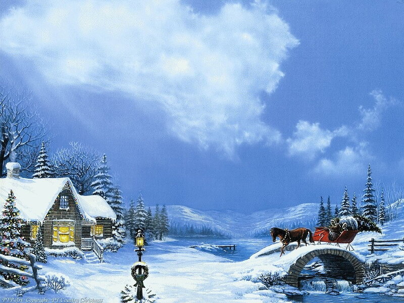 Horse-drawn Sleigh Crossing Bridge — Blue
