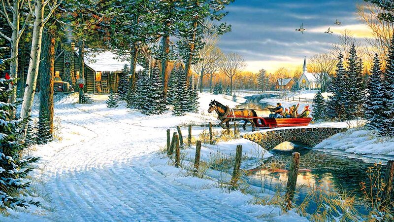 Horse-drawn Sleigh Crossing Bridge