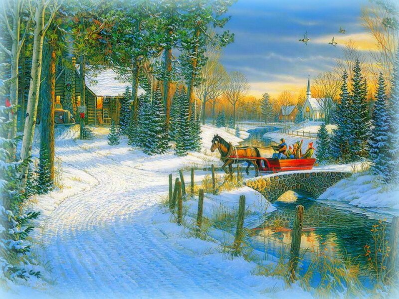 Horse-drawn Sleigh Crossing Bridge — White, Peaceful