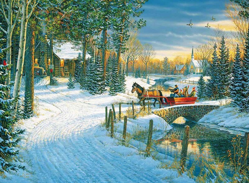 Horse-drawn Sleigh Crossing Bridge — White, Serene