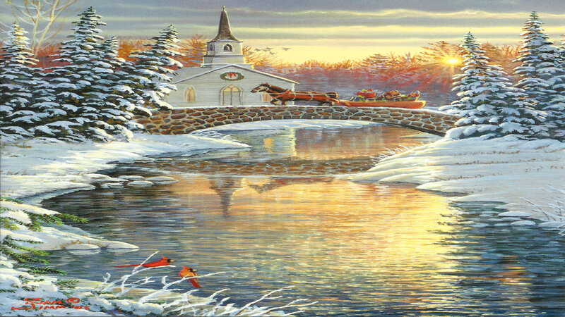 Horse-drawn Sleigh Crossing Bridge — White, Serene, Winter, Painting