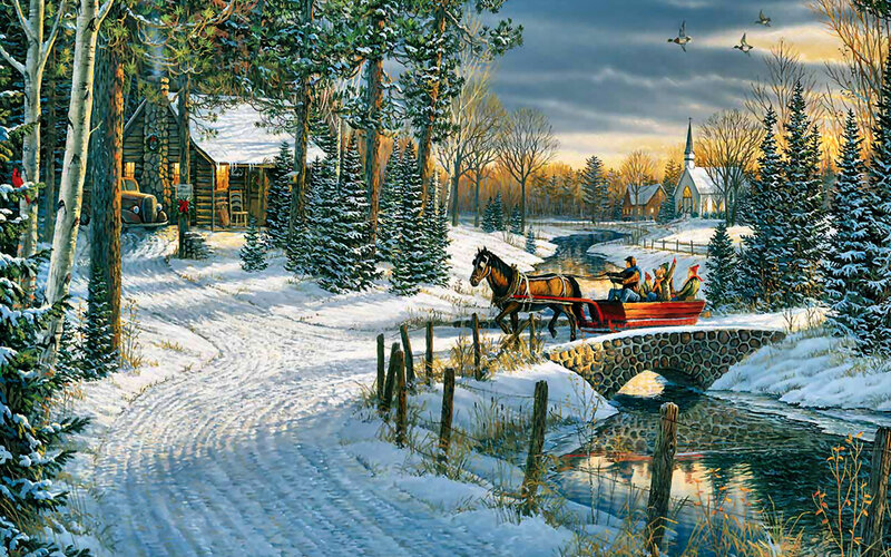 Horse-drawn Sleigh Crossing Bridge — White, Serene, Winter