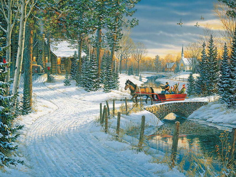 Horse-drawn Sleigh Crossing Bridge — White