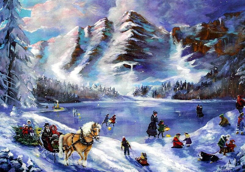 Horse-drawn Sleigh in Snow — Blue, Festive, Winter