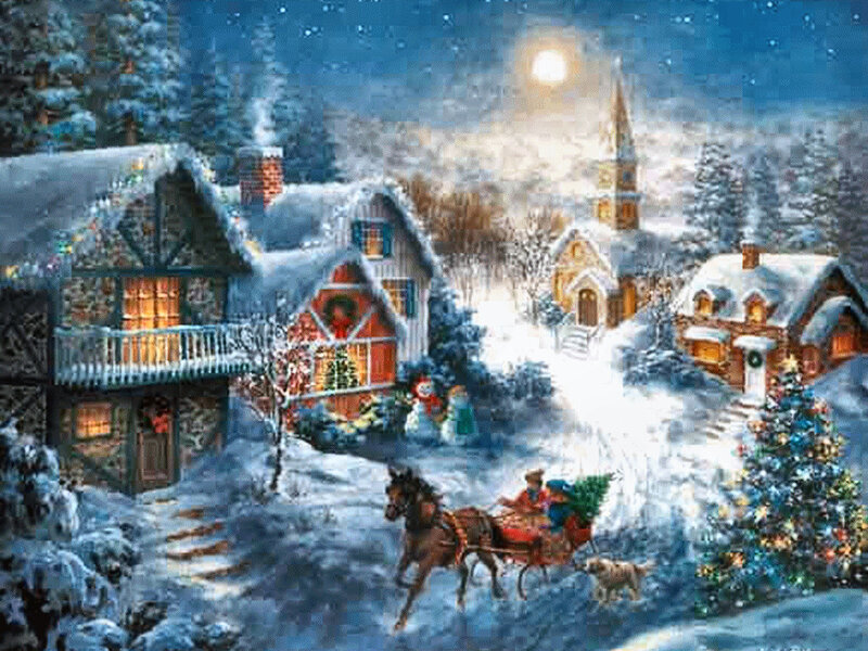 Horse-drawn Sleigh in Snow — Blue, Peaceful, Night, Painting
