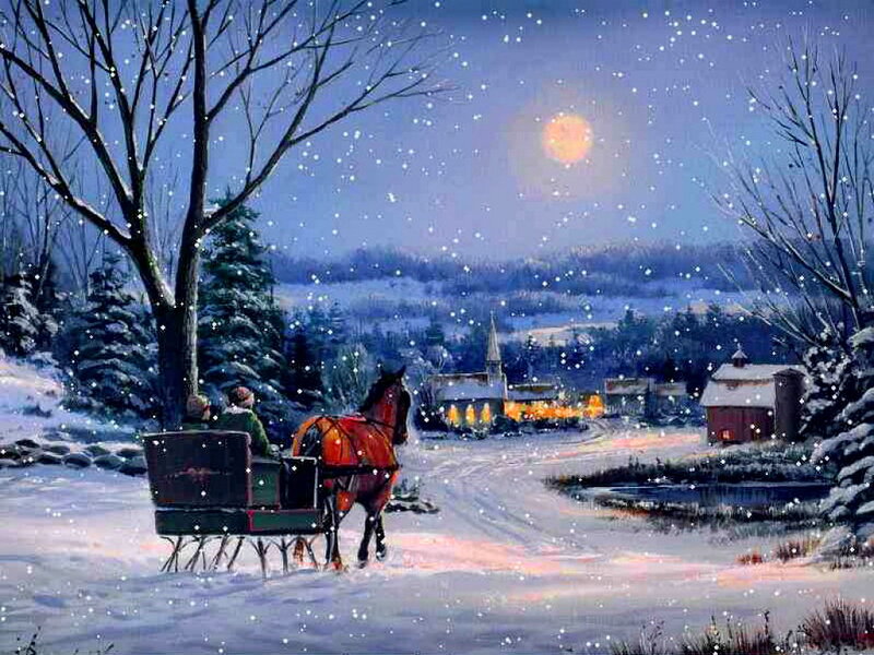 Horse-drawn Sleigh in Snow — Blue, Serene, Night, Painting