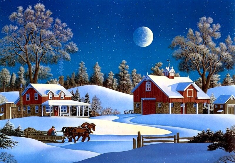 Horse-drawn Sleigh in Snow — Blue, Serene