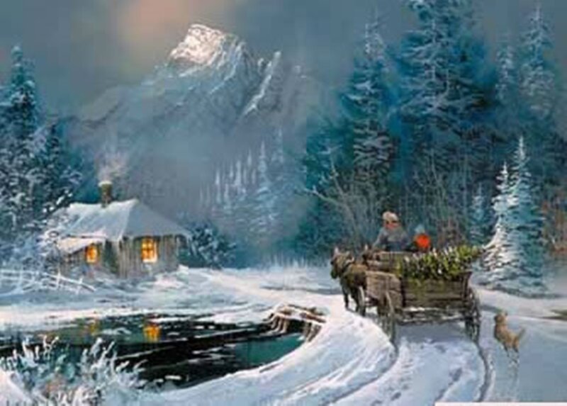 Horse-drawn Sleigh in Snow — Blue, Serene, Winter, Painting