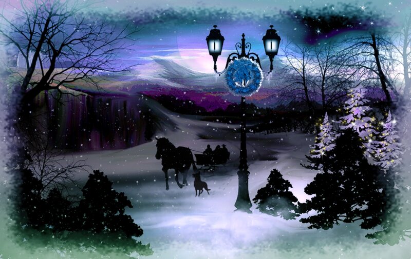 Horse-drawn Sleigh in Snow — Purple, Festive