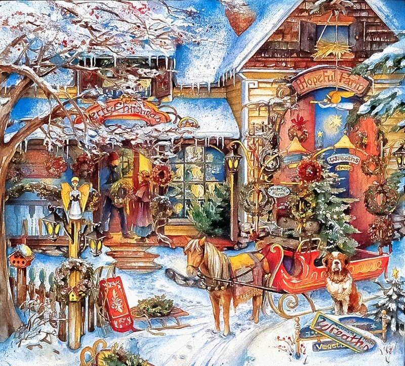 Horse-drawn Sleigh in Snow — Red, Festive, Winter, Illustration