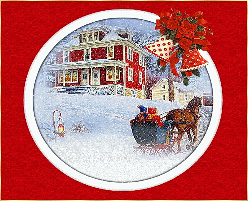 Horse-drawn Sleigh in Snow — Red, Festive, Winter