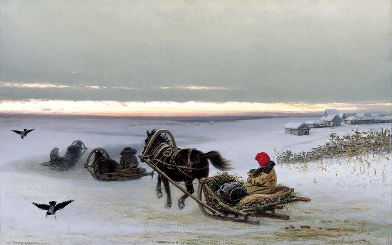 Horse-drawn Sleigh in Snow — White, Cold