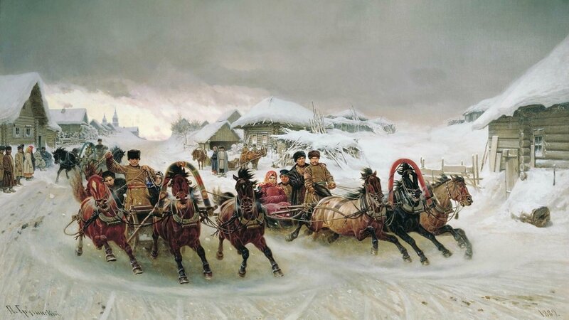Horse-drawn Sleigh in Snow — White, Dramatic