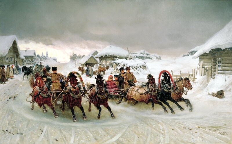 Horse-drawn Sleigh in Snow — White, Dramatic, Winter, Painting, Horses
