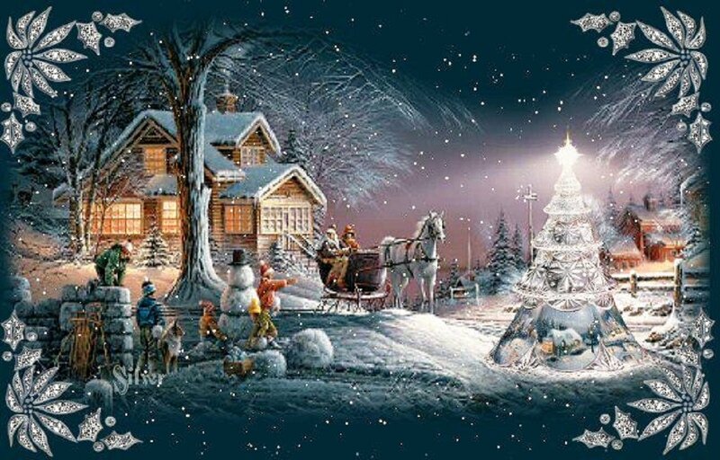 Horse-drawn Sleigh in Snow — White, Festive, Night, Illustration, House