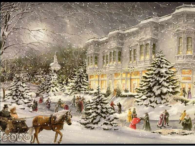 Horse-drawn Sleigh in Snow — White, Festive