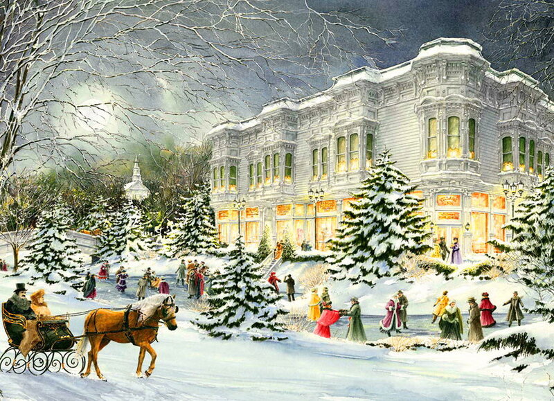 Horse-drawn Sleigh in Snow — White, Festive, Winter, Illustration, Building