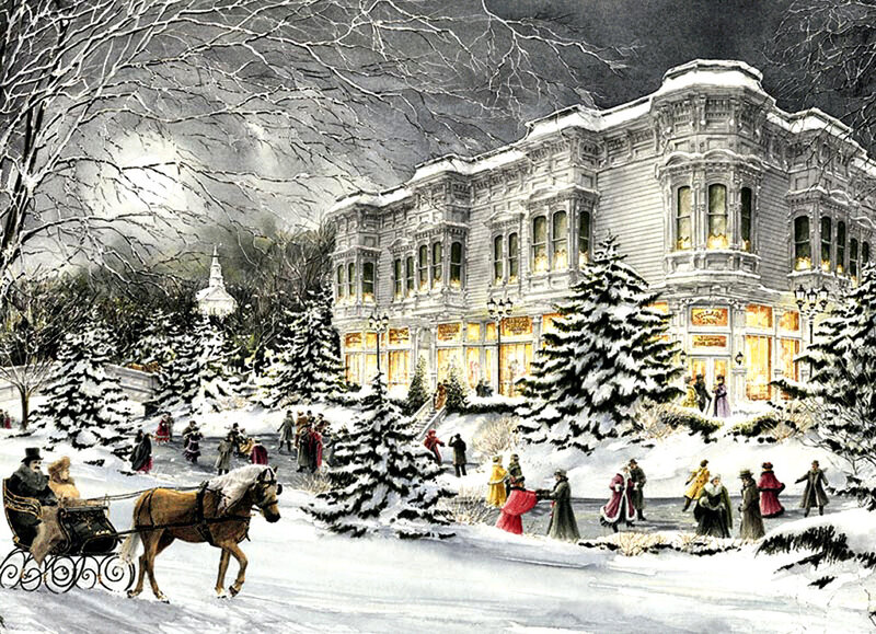 Horse-drawn Sleigh in Snow — White, Festive, Winter, Illustration