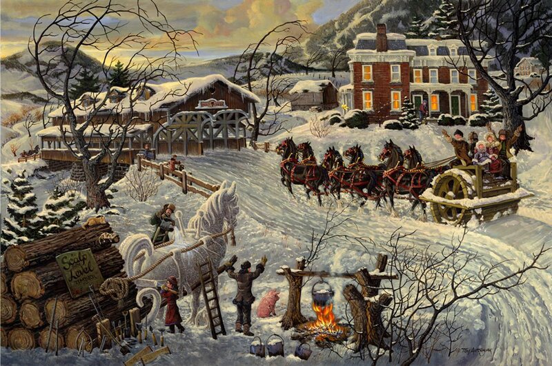 Horse-drawn Sleigh in Snow — White, Festive, Winter, Painting, Horses