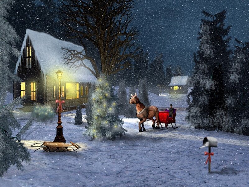 Horse-drawn Sleigh in Snow — White, Peaceful, Night, Digital Art, House