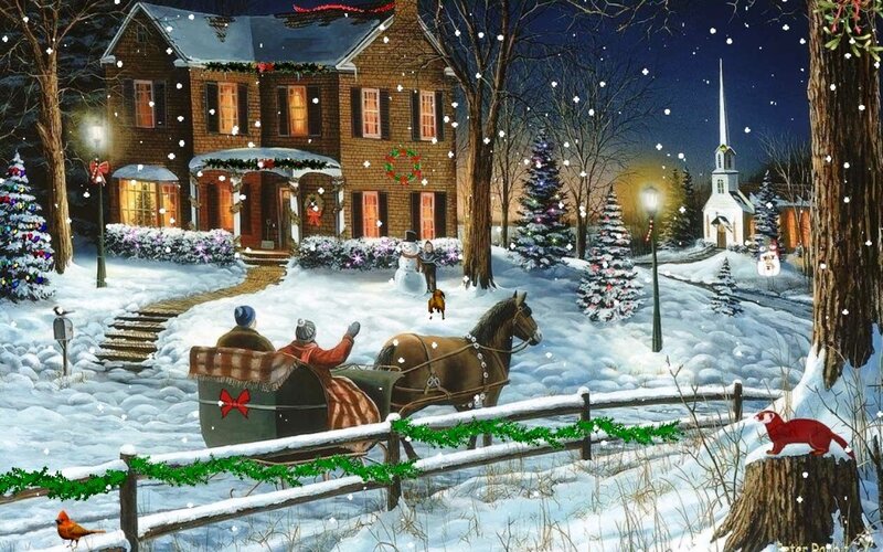 Horse-drawn Sleigh in Snow — White, Peaceful, Night, Illustration