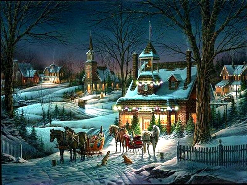 Horse-drawn Sleigh in Snow — White, Peaceful, Night, Painting, Church, Trees