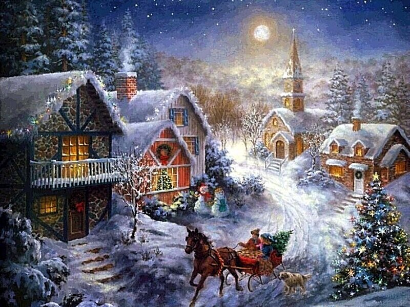 Horse-drawn Sleigh in Snow — White, Peaceful, Night, Painting, House, Church, Christmas Tree