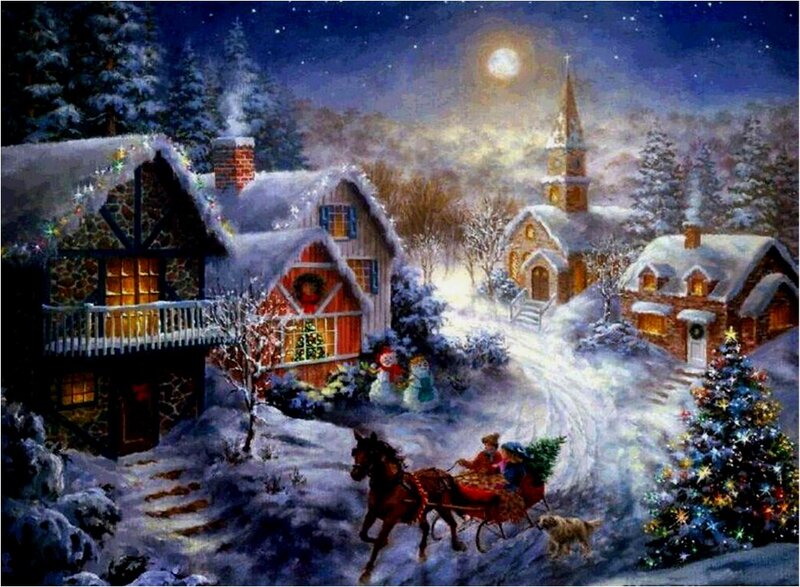 Horse-drawn Sleigh in Snow — White, Peaceful, Night, Painting