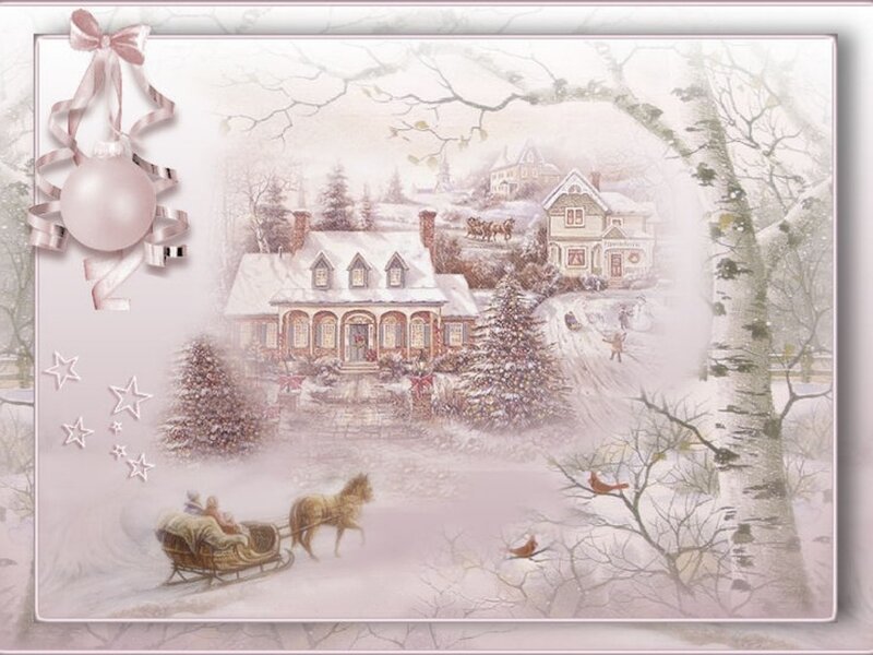 Horse-drawn Sleigh in Snow — White, Peaceful, Winter, Illustration, House, Christmas Tree