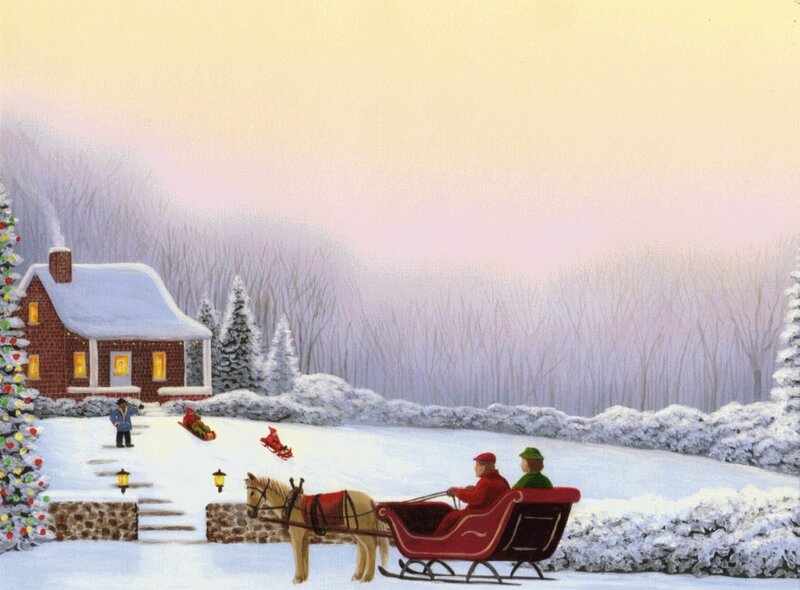 Horse-drawn Sleigh in Snow — White, Peaceful, Winter, Illustration