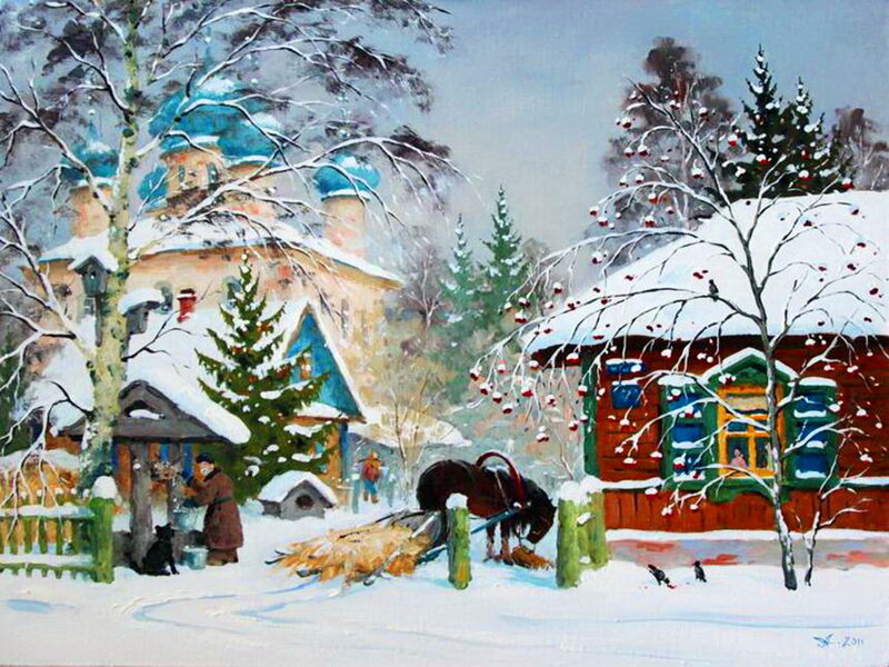 Horse-drawn Sleigh in Snow — White, Peaceful, Winter, Painting, Church, House