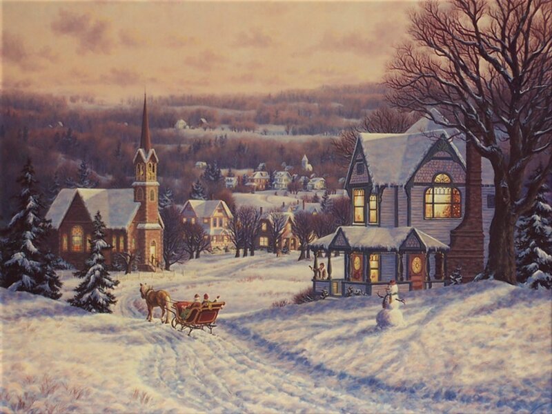 Horse-drawn Sleigh in Snow — White, Peaceful, Winter, Painting, Church, Snowman, Houses, Trees