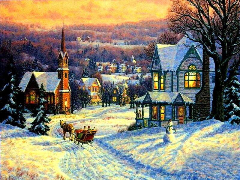 Horse-drawn Sleigh in Snow — White, Peaceful, Winter, Painting, Church, Snowman