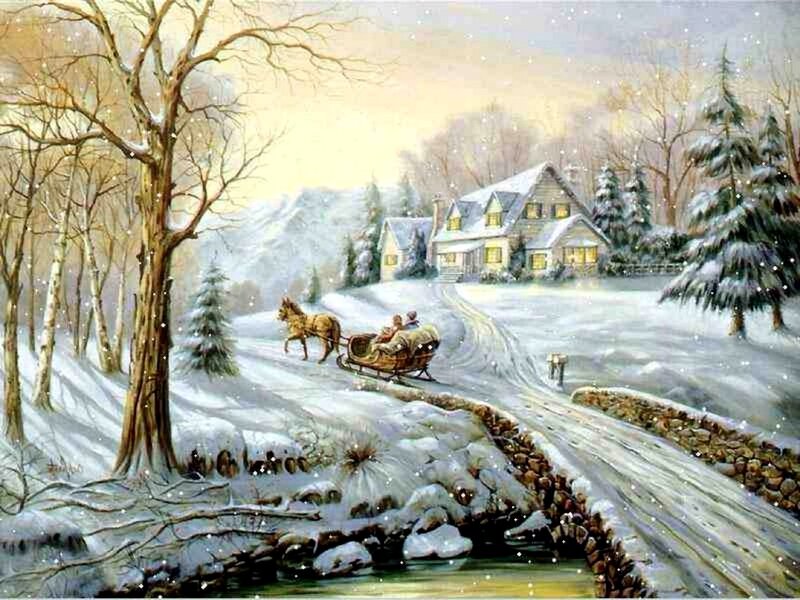 Horse-drawn Sleigh in Snow — White, Peaceful, Winter, Painting, House, Trees, River