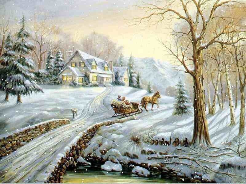 Horse-drawn Sleigh in Snow — White, Peaceful, Winter, Painting, House, Trees