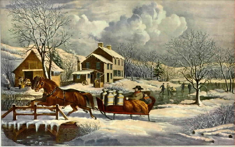 Horse-drawn Sleigh in Snow — White, Peaceful, Winter, Painting