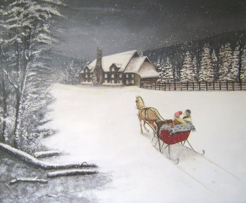 Horse-drawn Sleigh in Snow — White, Serene, Night, Painting