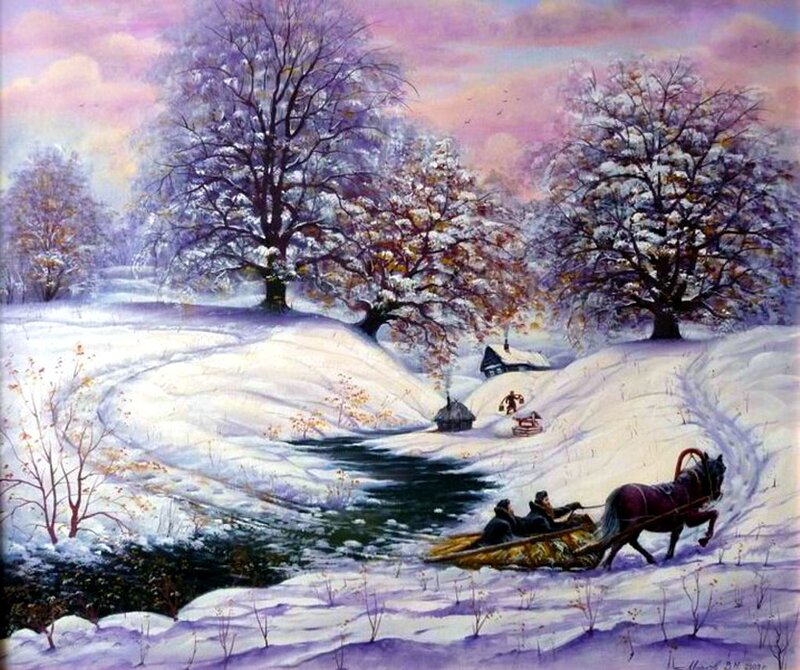 Horse-drawn Sleigh in Snow — White, Serene, Winter, Painting, Trees