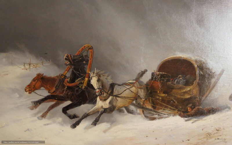 Horse-drawn sleigh in snowstorm