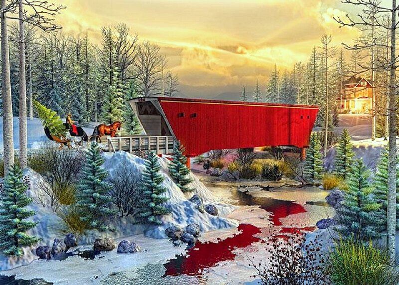 Horse-drawn Sleigh on Bridge — Red