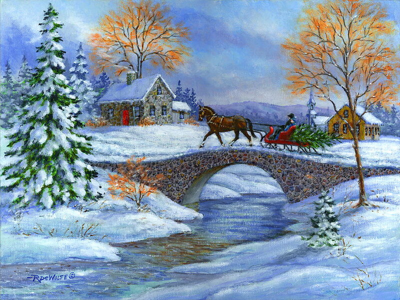 Horse-drawn Sleigh on Bridge — White, Peaceful