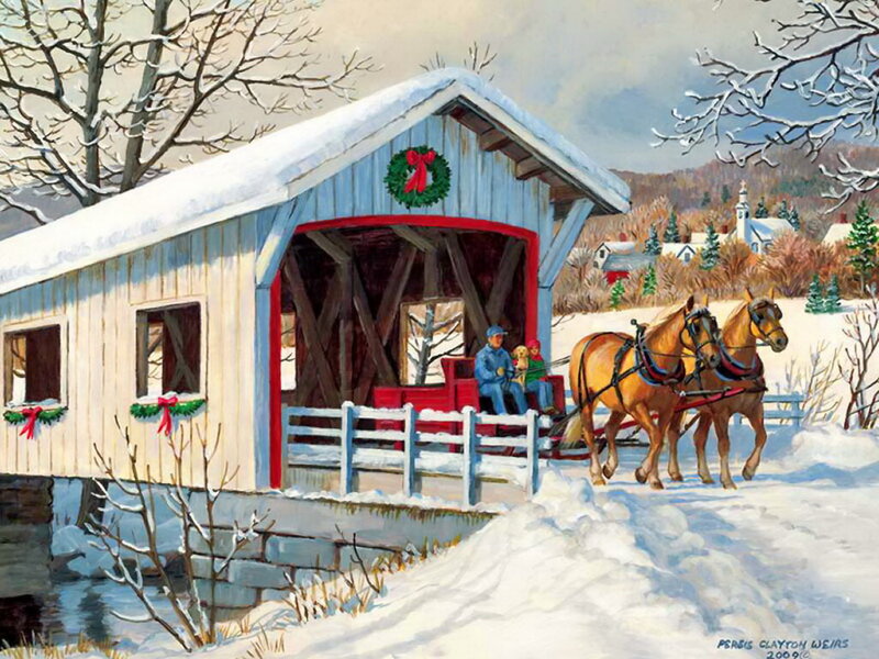 Horse-drawn Sleigh on Bridge — White, Peaceful, Winter