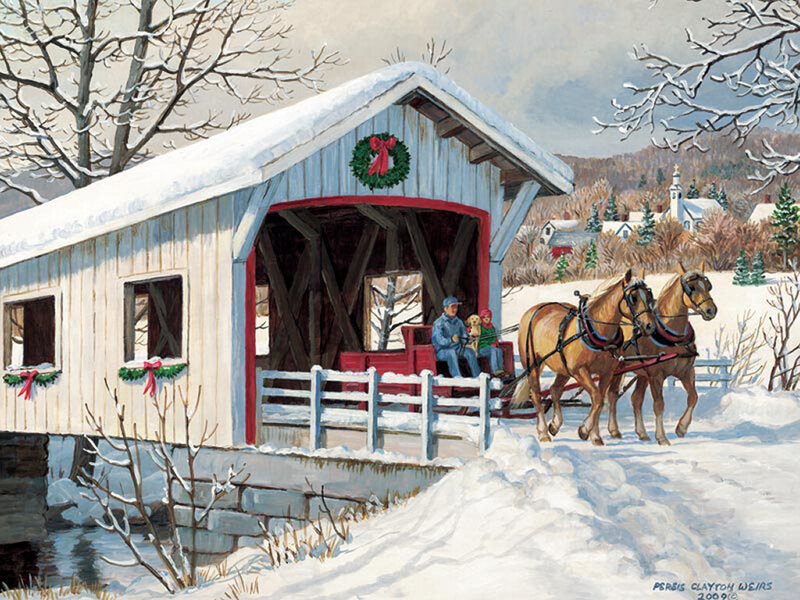 Horse-drawn Sleigh on Bridge — White