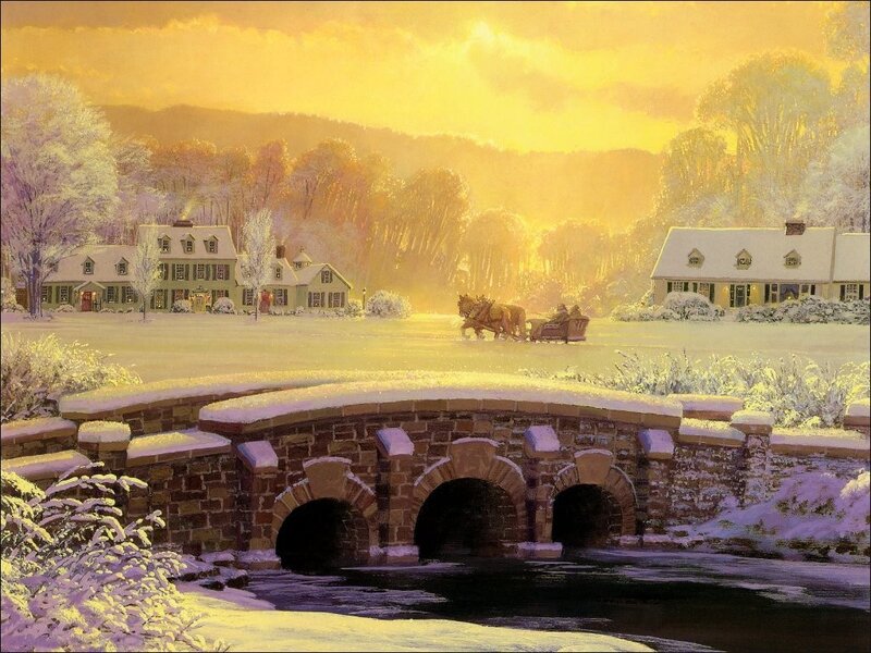 Horse-drawn Sleigh on Bridge — Yellow, Serene, Winter