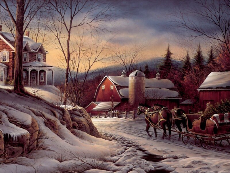 Horse-drawn Sleigh on Farm — Red, Serene