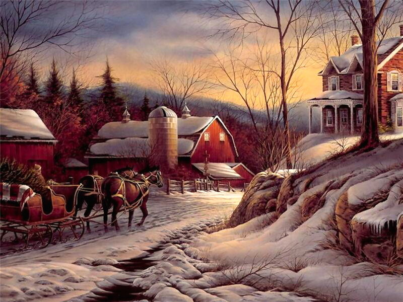 Horse-drawn Sleigh on Farm — Red, Serene, Winter, Painting, Barn