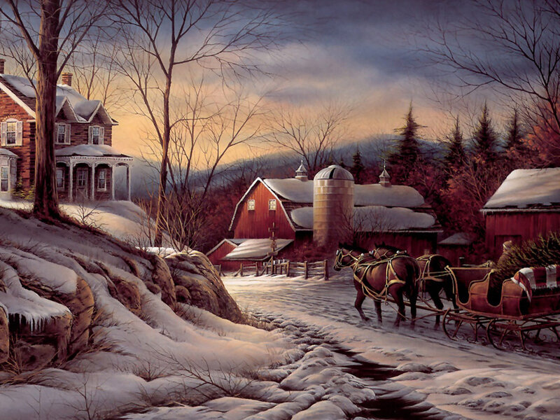 Horse-drawn Sleigh on Farm — Red, Serene, Winter, Painting