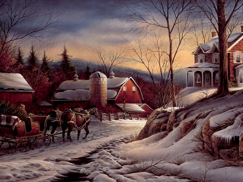 Horse-drawn Sleigh on Farm — Red, Serene, Winter
